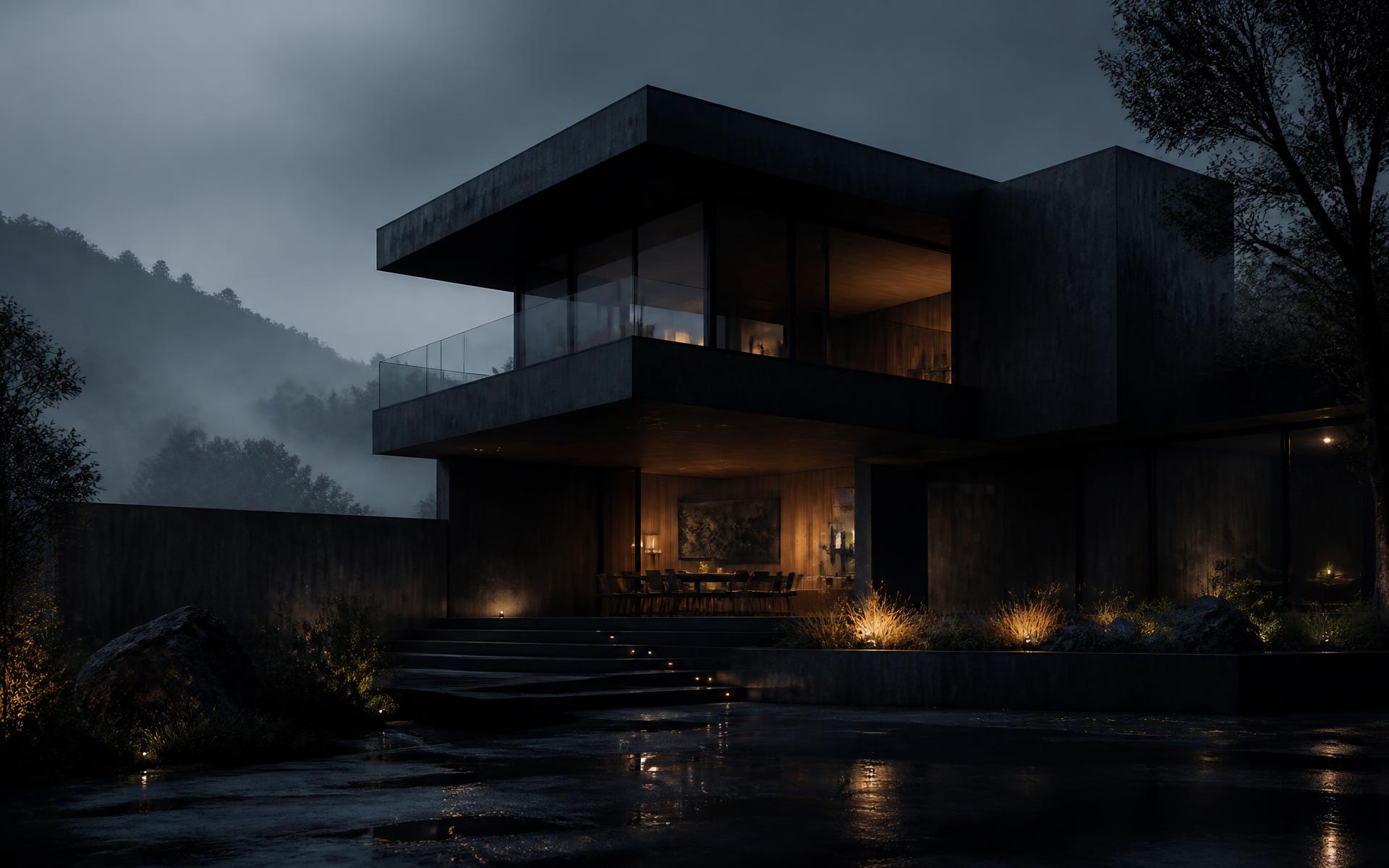 Modernes Architektenhaus in der Abenddämmerung – Sinnbild für diskret vermittelte Immobilien